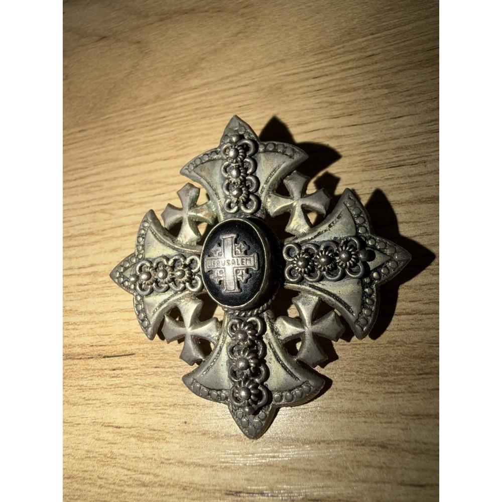 900 STERLING Silver Jerusalem Cross Maltese Black Glass Stone Brooch Pendant